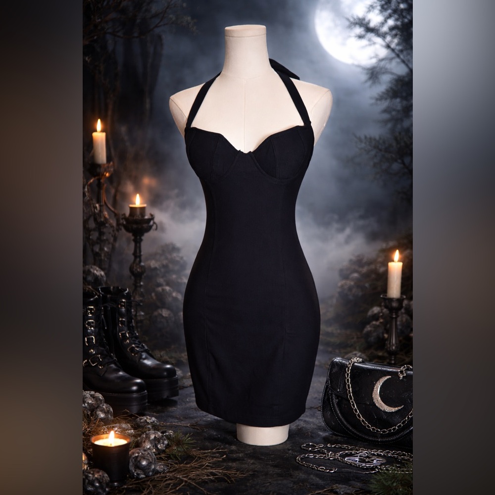 Killstar Black Gothic Halter Bodycon Dress Crescent Moon Goth Witchy Festival